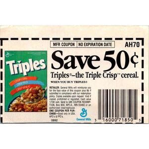 Save 50¢ When You Buy Triples General Mills Box 900 Mpls MN 1980s Coupon SAI1-M7